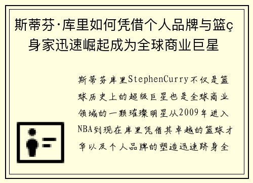斯蒂芬·库里如何凭借个人品牌与篮球身家迅速崛起成为全球商业巨星