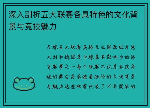 深入剖析五大联赛各具特色的文化背景与竞技魅力 深入剖析五大联赛各具特色的文化背景与竞技魅力
