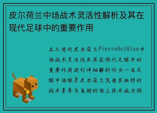 皮尔荷兰中场战术灵活性解析及其在现代足球中的重要作用