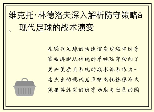 维克托·林德洛夫深入解析防守策略与现代足球的战术演变 维克托·林德洛夫深入解析防守策略与现代足球的战术演变