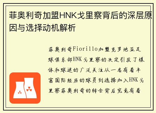 菲奥利奇加盟HNK戈里察背后的深层原因与选择动机解析 菲奥利奇加盟HNK戈里察背后的深层原因与选择动机解析